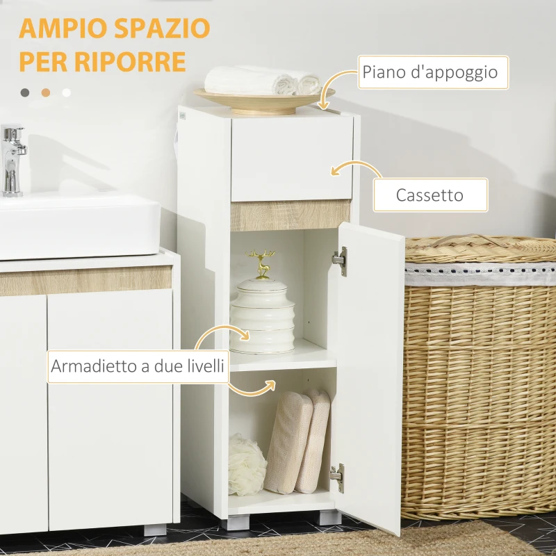 kleankin Mobiletto Bagno con Cassetto e Armadietto con Mensola Regolabile in Legno 30x33x88cm, Bianco