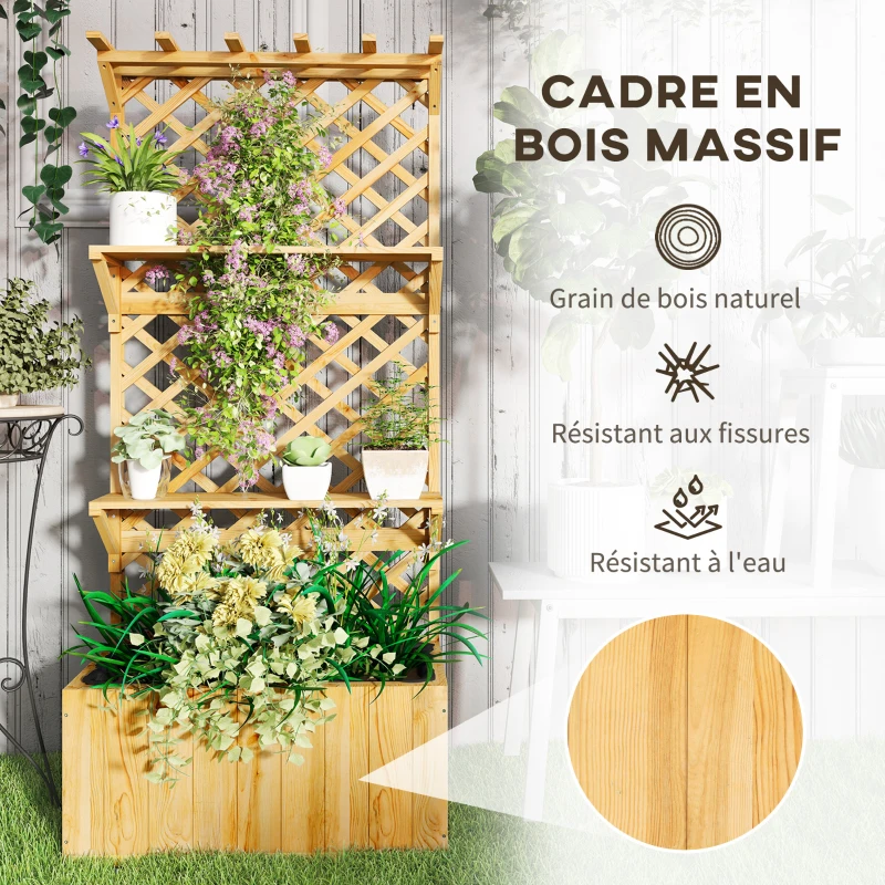 Outsunny Jardinière avec treillis lit surélevé de jardin en bois avec toit suspendu, trous de drainage et doublure, naturel