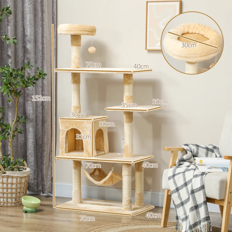 PawHut Árbol Rascador para Gatos Grande 70x40x152 cm Torre para Gatos con Múltiples Plataformas Cueva Hamaca Postes Beige