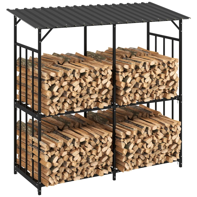 Outsunny Abri à bois en acier galvanisé à 2 niveaux, rack de rangement pour bûches avec toit métal, 186 x 75 x 185 cm