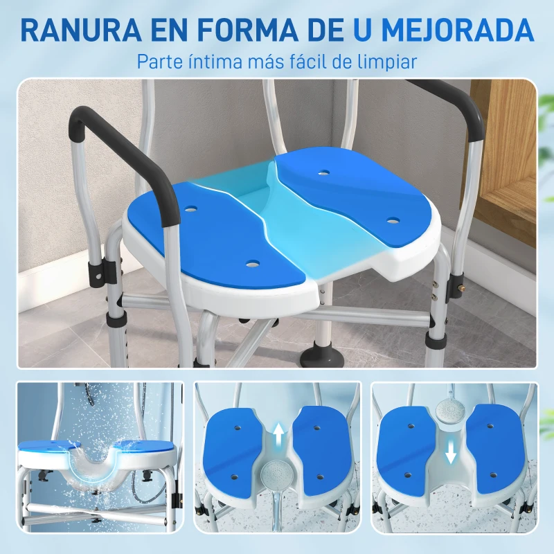 HOMCOM Silla de Ducha con Asiento Ranurado Altura Regulable Antideslizante Respaldo y Reposabrazos Carga 136 kg Azul