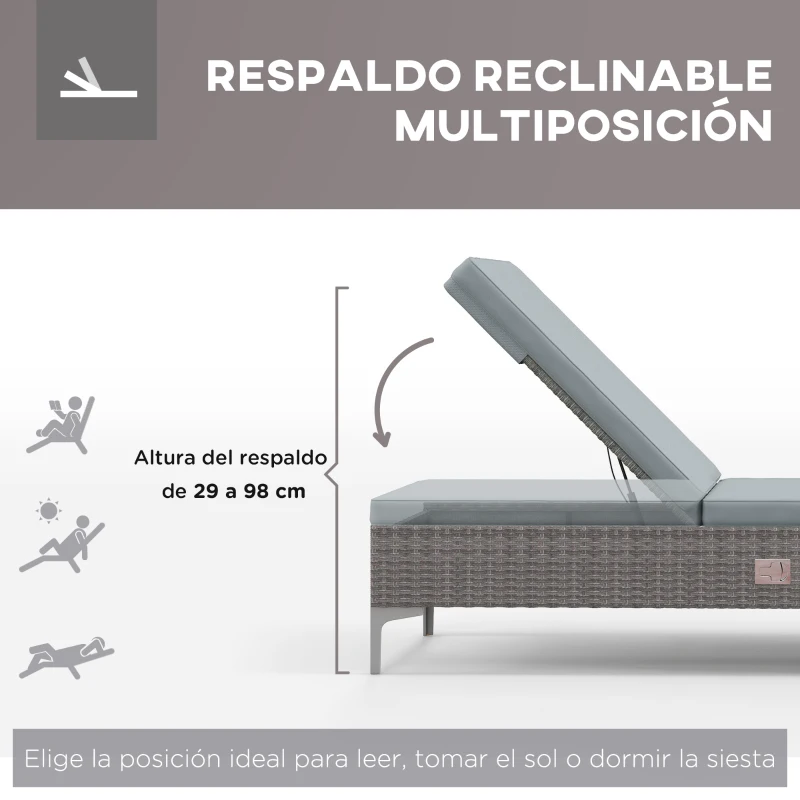 Outsunny Tumbona de Jardín de Ratán Sintético Tumbona Reclinable con Respaldo Ajustable Cojín Extraíble 202x61x29cm Gris y Marrón