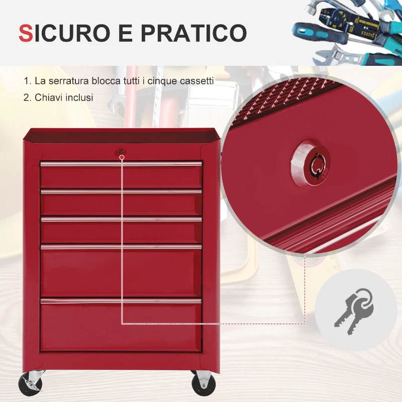 HOMCOM Carrello Porta Utensili Attrezzi Attrezzatura con Cassettiera Rosso 61.5 x 33 x 82.5cm