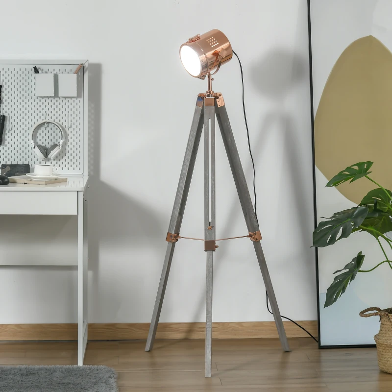 HOMCOM Industrial Tripod Floor Lamp, Nautical Searchlight with Adjustable Height, Wood Legs, E14 Lamp Base for Living Room, Bedroom, Grey and Rose Gold
