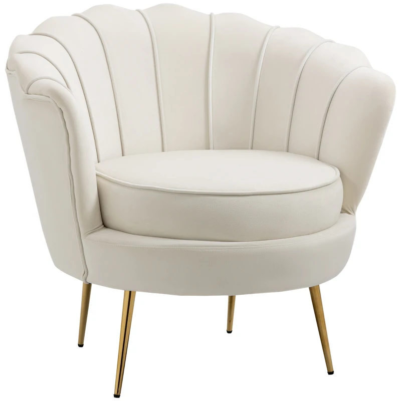 HOMCOM Fauteuil Coquillage Fauteuil Design dim. 79L x 77l x 77H cm Pieds dorés effilés Velours Blanc