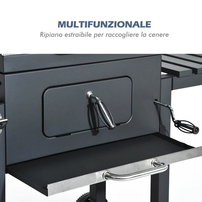 Griglia Barbecue 2 Griglie di Cottura 4 Palette Laterali 1 Cassetta Regolabile in Altezza 4 Comodi Gancini 2 Rotelle e 1 Maniglia Acciaio Inox e Ferro Grigio Certificato GS 115×56×108cm