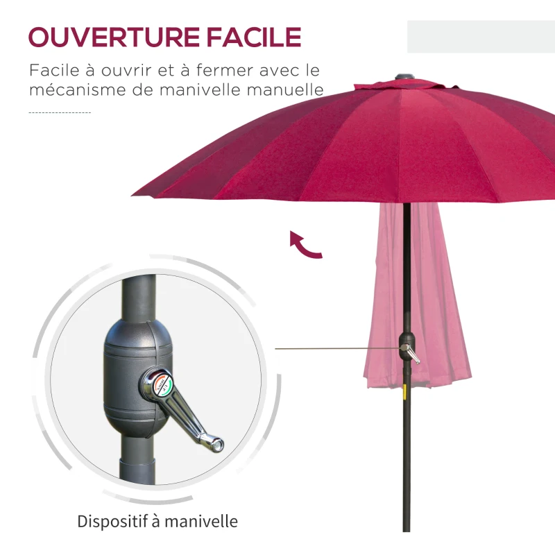 Outsunny Parasol droit parasol de jardin inclinable rond avec 18 baleines manivelle mât en métal fibre de verre Ø 2,5m polyester haute densité rouge vineux