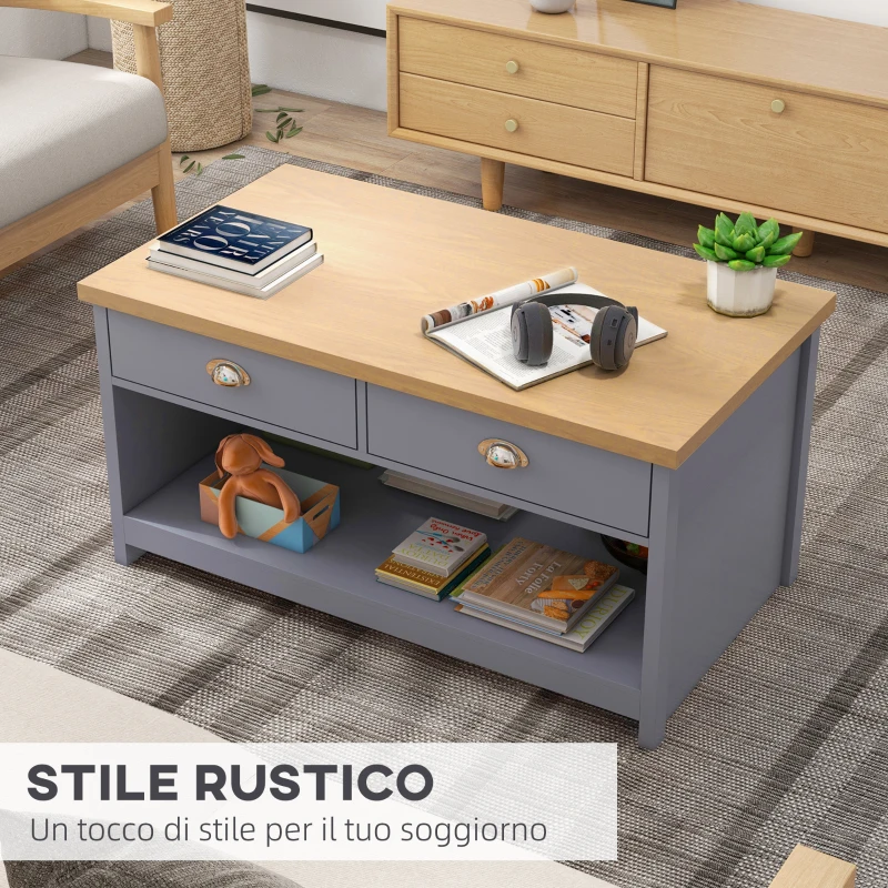 HOMCOM Tavolino da Caffè con Maniglie, 2 Cassetti e 1 Ripiano Aperto in MDF, 99x55x50.5cm