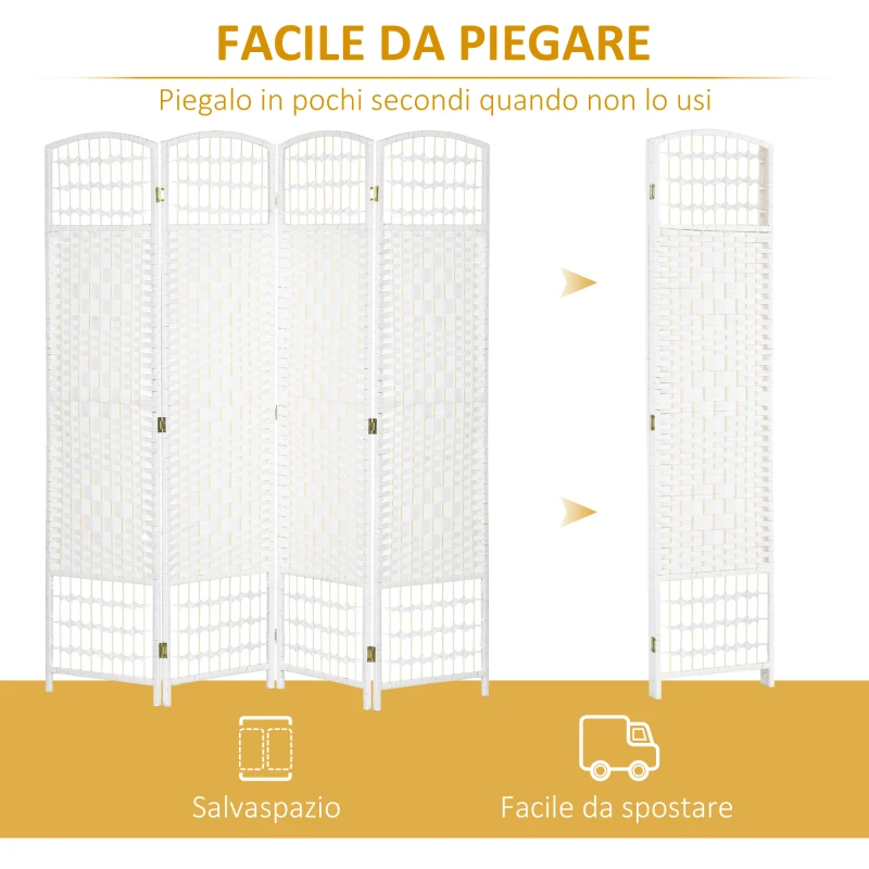 HOMCOM Paravento a 4 Ante Pieghevole per Interni, Autoportante e Intrecciato, 160x170 cm, Bianco