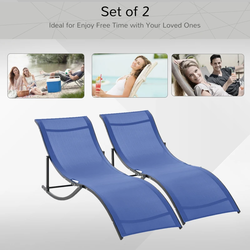 Outsunny Set of 2 S-shaped Foldable Lounge Chair Sun Lounger Reclining Outdoor Chair for Patio Beach Garden, Blue