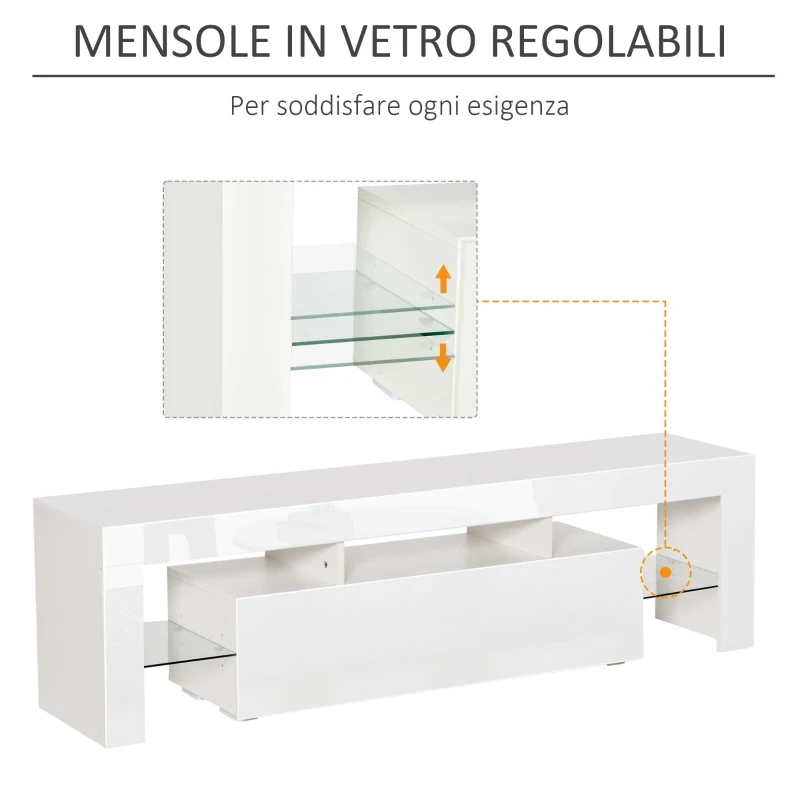 HOMCOM Mobile TV con Luci a LED di 16 Colori RGB per TV Fino 65", MDF e Vetro, 160x35x45cm - Bianco