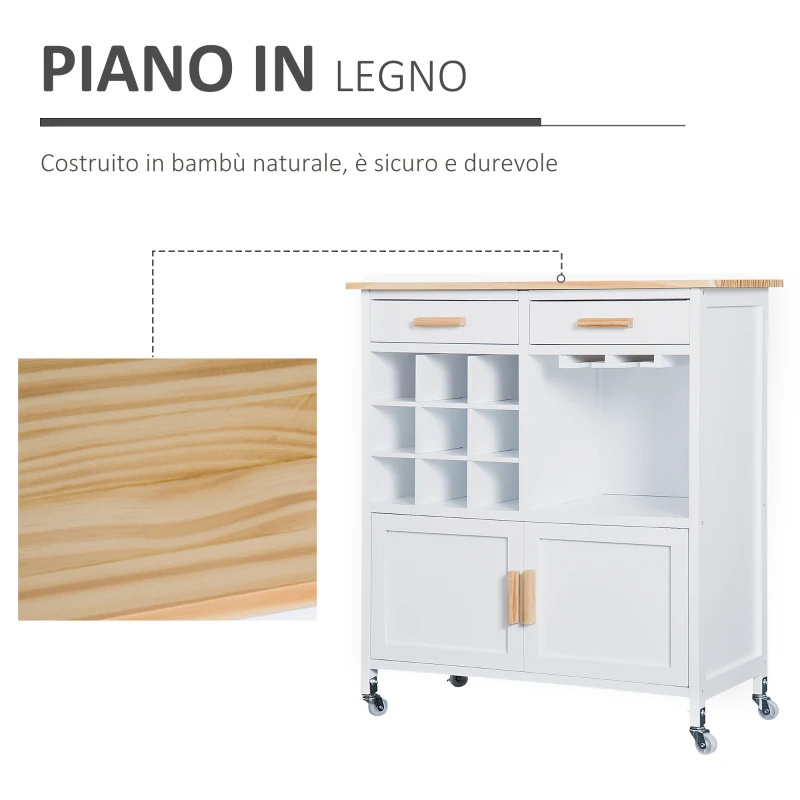 HOMCOM Mobiletto da Cucina con Ruote, Portabottiglie e Porta Bicchieri in Bambù, 76 x 40 x 88cm