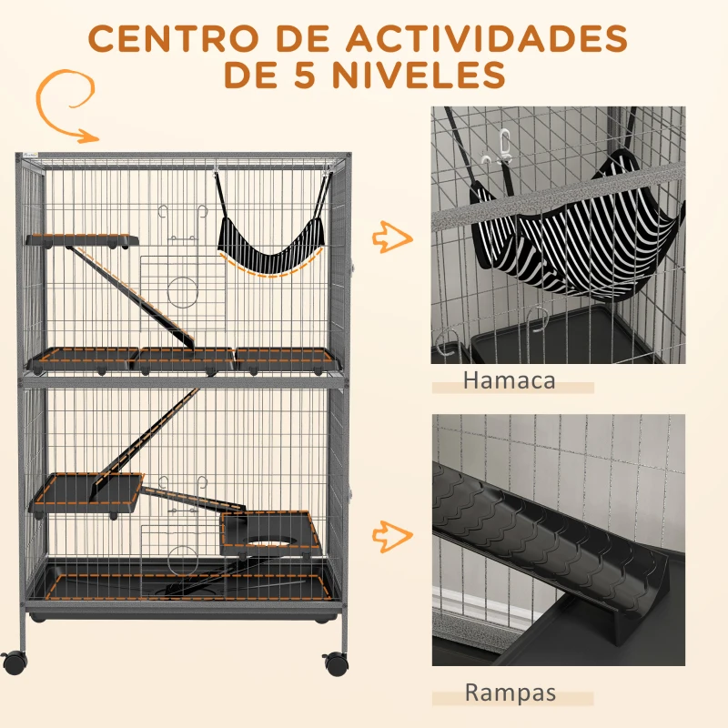 PawHut Jaula para Animales Pequeños con Ruedas Rampas Hamaca y Bandeja Extraíble para Chinchillas Hurones 80x52x128 cm Gris