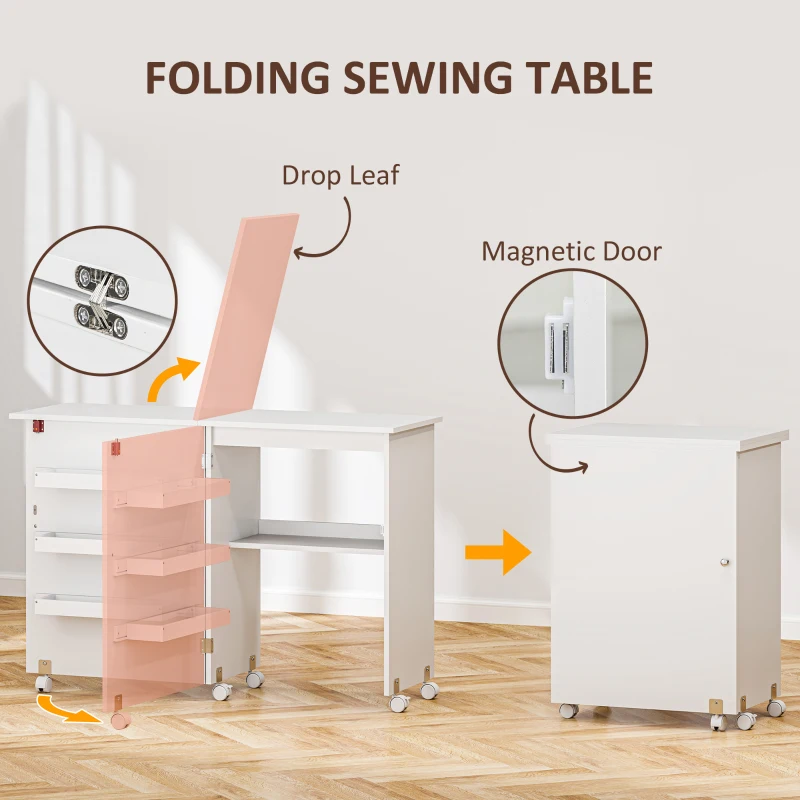HOMCOM Folding Sewing Table, Drop Leaf Craft Table with Storage Bins, Open Shelf and Wheels, Rolling Sewing Machine Cabinet Computer Desk for Small Space, White