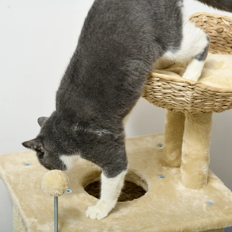 PawHut Arbre à chats griffoir sisal naturel 1 niche panier pompon peluche jacinthe d'eau 45 x 40 x 74 cm beige