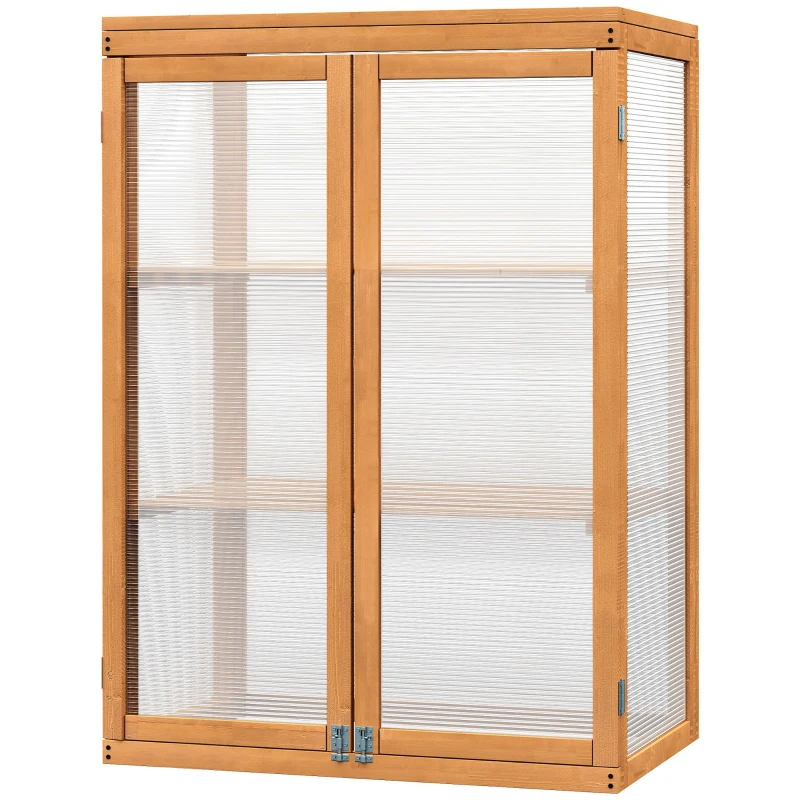Outsunny Invernadero de Jardín de Madera y Policarbonato Invernadero Vivero Casero con 3 Estantes 2 Puertas y Tapa Abatible para Cultivo de Plantas Terraza Patio 76x47x110 cm Natural