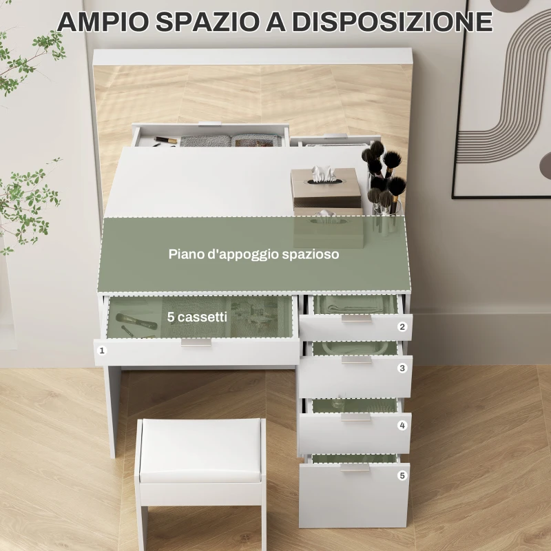 HOMCOM Set Tavolo da Trucco con Specchio e 5 Cassetti 97.2x44.5x136.5 cm e Sgabello Imbottito 40x24x46 cm, Bianco