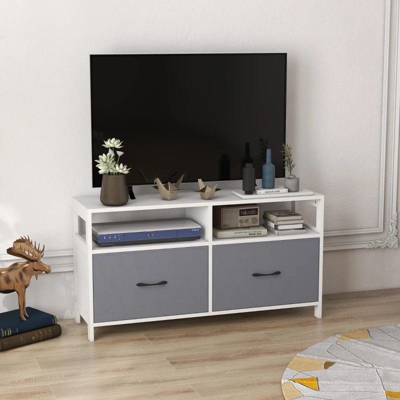 HOMCOM Mobile TV 45" max in MDF e Tessuto non Tessuto con 2 Cassetti e 2 Ripiani, 100x30x53 cm, Bianco e Grigio