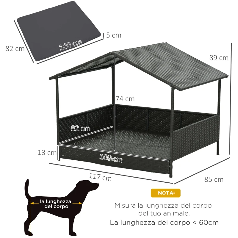PawHut Casetta per Cani Rialzata con Cuscino Sfoderabile, in Rattan PE e Acciaio, 117x85x89 cm, Grigio e Marrone