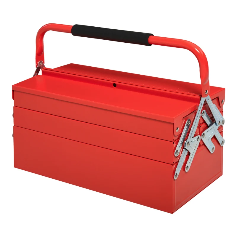 DURHAND Metal Tool Box 3 Tier 5 Tray Professional Portable Storage Cabinet Workshop Cantilever Toolbox with Carry Handle, 45cmx20cmx34.5cm, Red