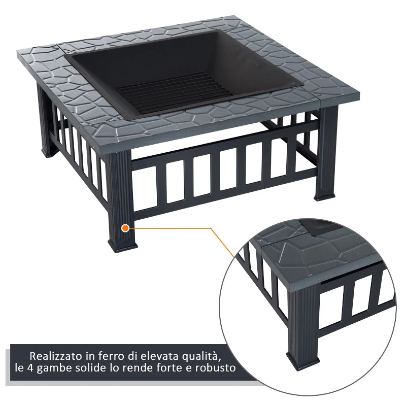 Outsunny Braciere da Giardino Quadrato con Coperchio e Copertura Antipioggia, 81x81x46cm