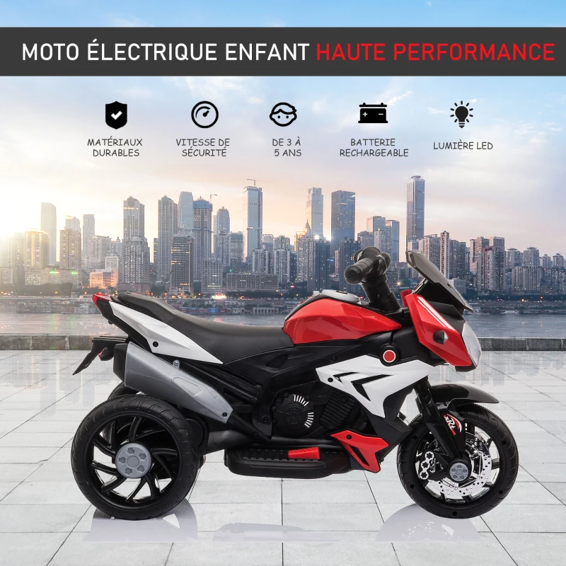 HOMCOM Moto électrique pour Enfants 3 à 6 ans, moto électrique 3 Roues 6 V, 3 Km/h Voiture électrique Enfants avec Effets Lumineux et sonores Rouge(m-4)