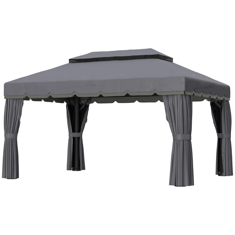 Outsunny Cenador para Jardín 4x3 m Pérgola de Jardín Gazebo con Doble Techo Paredes Laterales Anti-UV y Mosquiteras Gris