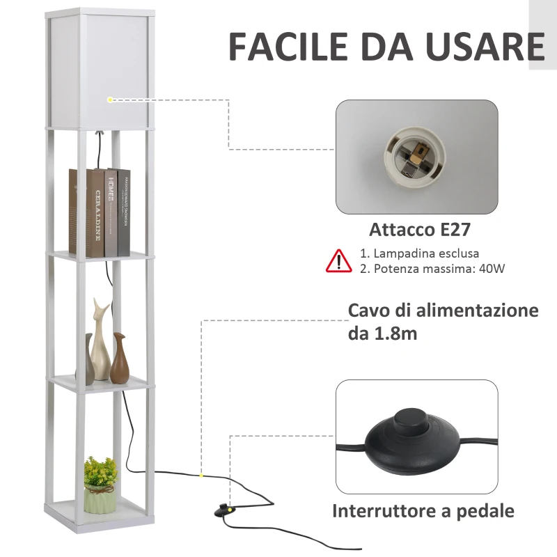 HOMCOM Lampada da Terra con 3 Mensole Integrate, Attacco E27 Potenza 40W, Arredamento Moderno in MDF, 26x26x160cm, Bianco