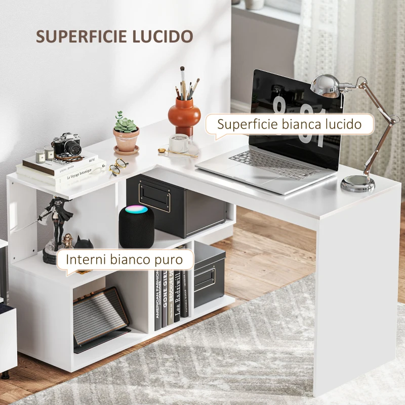 HOMCOM Scrivania Angolare Moderna per Ufficio con 4 Ripiani in Legno Bianco, 120x100x77 cm