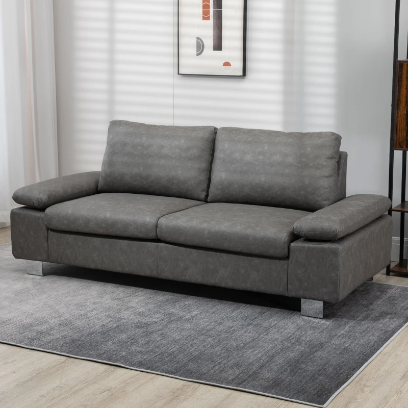 HOMCOM Divano 3 Posti Reclinabile e Imbottito con Braccioli Regolabili, in PU, Legno e Metallo, 200x88x86 cm, Grigio