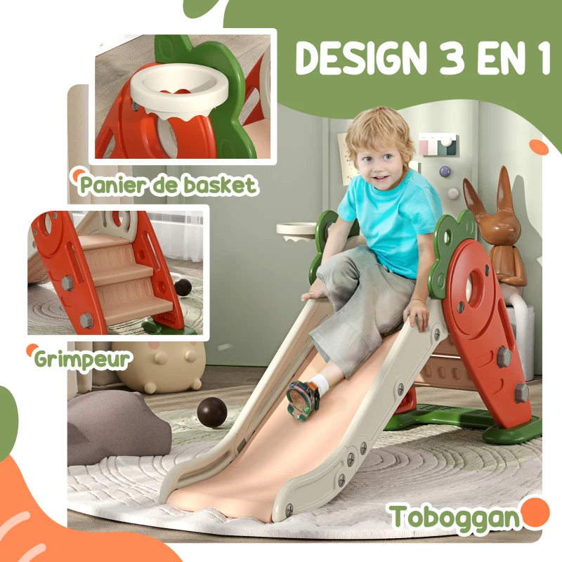AIYAPLAY Toboggan pour enfants, pliable 3 en 1 avec panier de basket, escalade, usage intérieur extérieur, de 1 à 3 ans, orange
