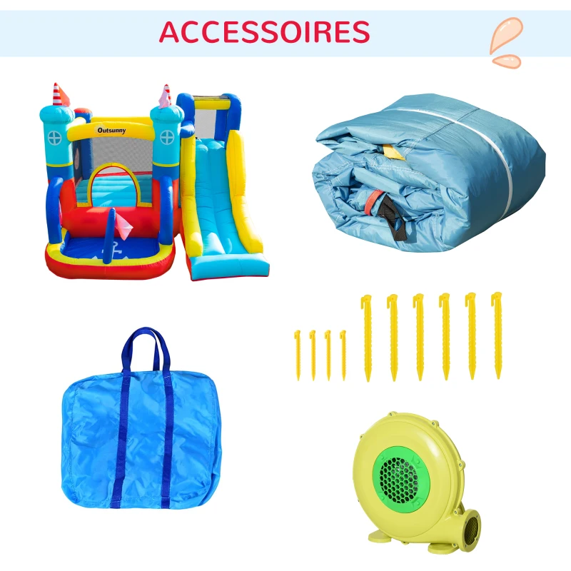 Outsunny Château Gonflable avec Toboggan Trampoline Piscine et Mur d'escalade jusqu'à 3 enfants +3 Ans avec souffleur 450W et Sac de Transport 265 x 260 x 200 cm Multicolore