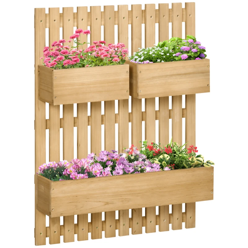 Outsunny Jardinera de Pared de Madera con Enrejado y 3 Macetas Móviles para Jardín Terraza Patio 60x16x80 cm Natural