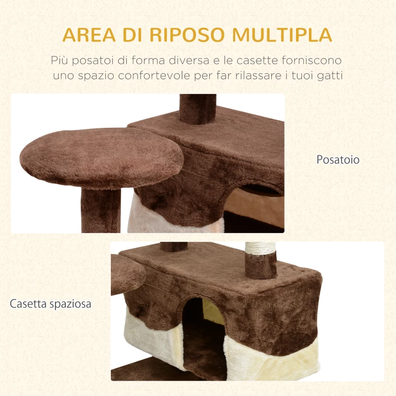 PawHut Albero Tiragraffi per Gatti in Peluche e Sisal con Cucce e Pallina 50×50×134.5cm Caffè e Crema