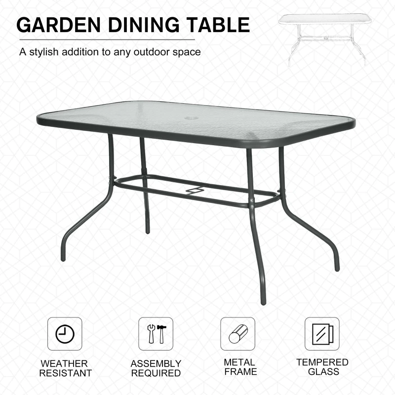 Outsunny Garden Dining Table Glass Top Metal Frame with Parasol Hole Outdoor Balcony Grey 140L x 80Wcm