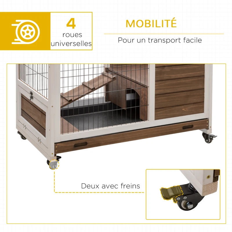 PawHut Clapier à lapin sur roulettes 2 étages porte verrouillable toit ouvrant plateau coulissant rampe marron blanc