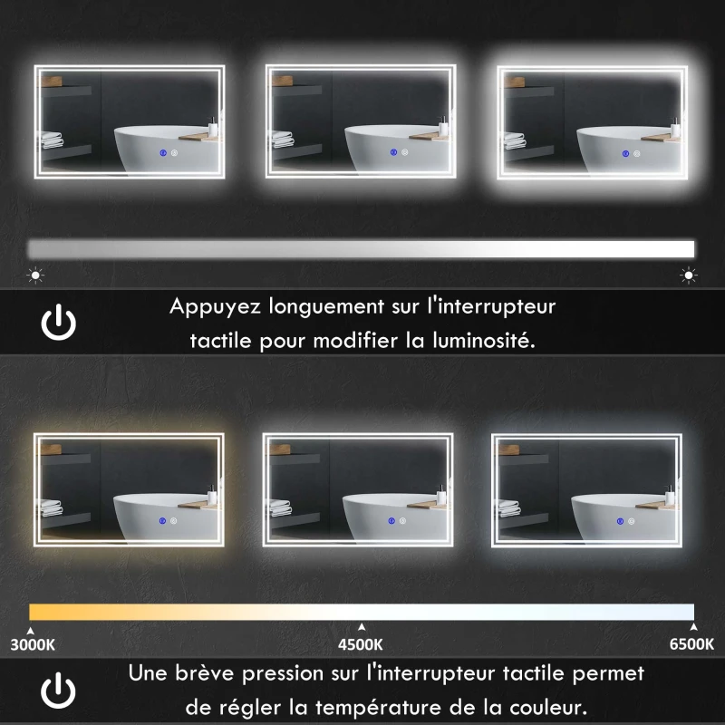 kleankin Miroir de salle de bain rectangulaire mural lumineux LED horizontal ou vertical, 100 x 60 cm