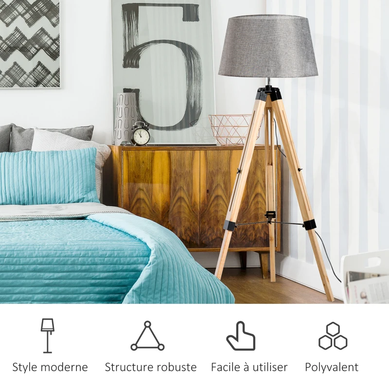 HOMCOM Lampadaire trépied hauteur réglable  65 x 65 x 99-143 cm lampe de sol 40 W bois style nordique gris