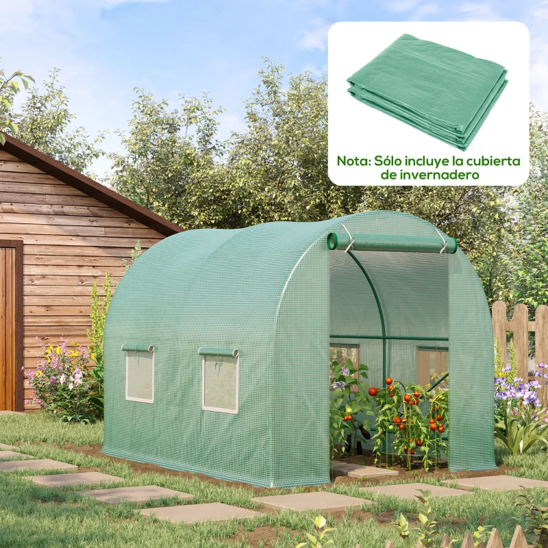 Outsunny Cubierta de Invernadero de Túnel 2,5x2x2 m Cubierta de Repuesto Invernadero Polietileno con 4 Ventanas y Puerta Enrollable Protección de Plantas para Jardín Verde