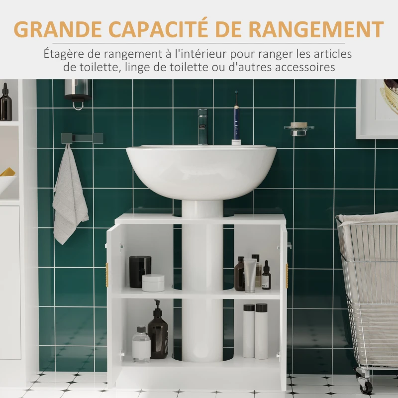 kleankin Meuble salle de bain sous lavabo - meuble sous-vasque - style cosy chic bandeau 10 bambous placard 2 portes avec étagère MDF dim. 60L x 30l x 60,5H cm blanc