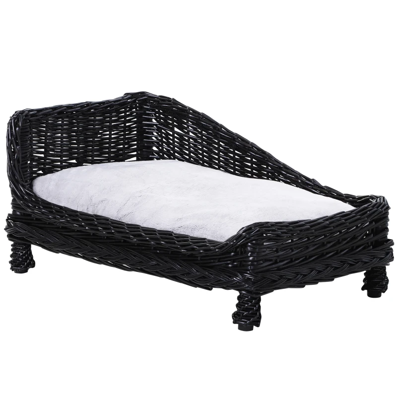 Pawhut Wicker Dog Cat Bed Kitten Lounger  Pet Bed Rattan Willow Basket Soft Cushion Lightweight 69 x 42 x 33 cm Black