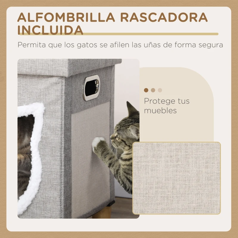 PawHut 2 en 1 Reposapiés Cama para Gatos con Cojín Extraíble Bola Colgante y Almohadilla para Rascar 35,5x35,5x42,5 cm Gris