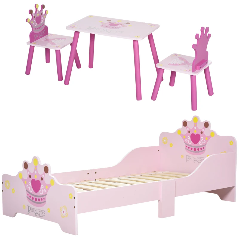 HOMCOM Lit Enfant et Ensemble table et chaises enfant - Design Princesse Motif Couronne - sommier à Lattes Inclus - Rose