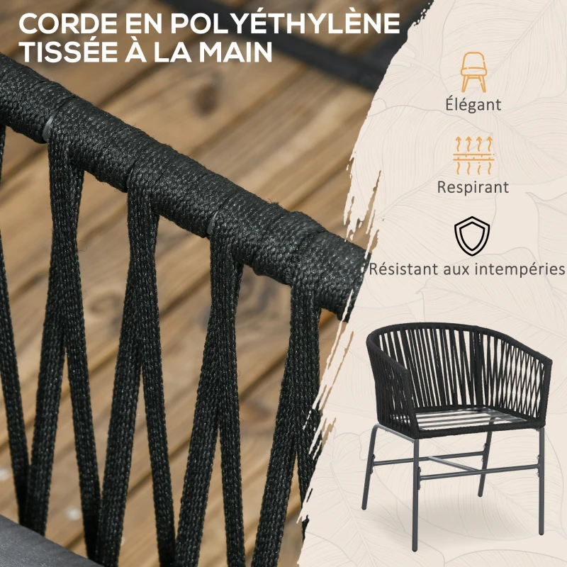 Outsunny Lot de 2 fauteuils chaises de jardin 2 places et métal et corde PE avec coussins, noir et gris foncé