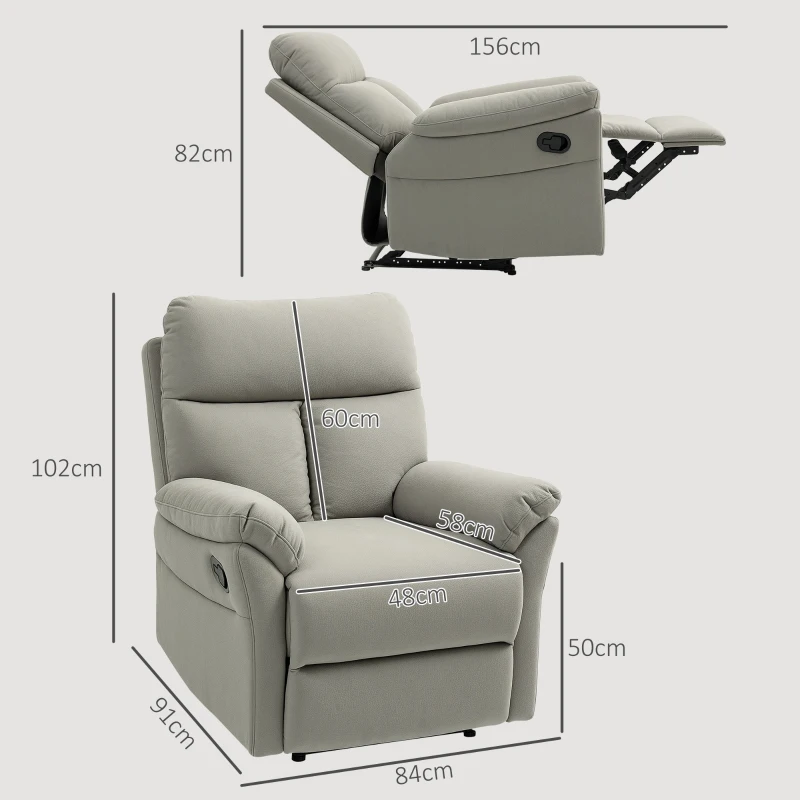 HOMCOM Poltrona Reclinabile 140° con Poggiapiedi, in Microfibra, Schiuma e Metallo, 84x91x102 cm, Grigio
