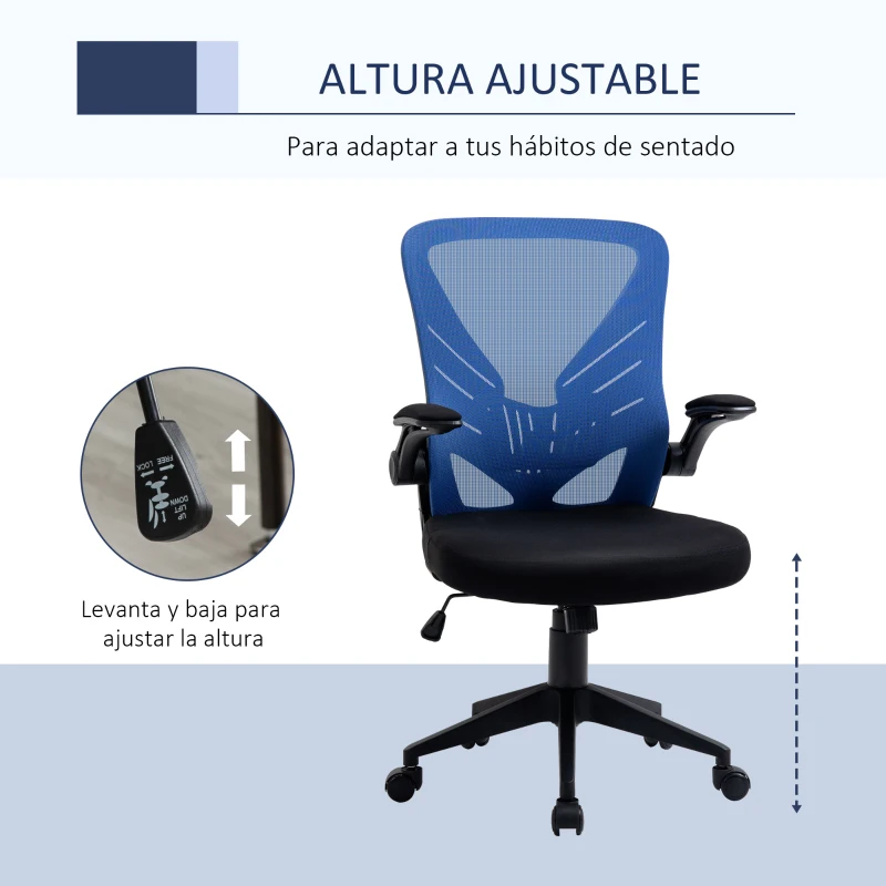 Vinsetto Silla de Oficina Ergonómica Silla de Juvenil con Altura Ajustable Reposabrazos Abatible y Soporte Lumbar Transpirable 62x59x99-107 cm Azul y Negro