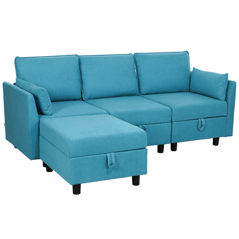 HOMCOM Divano Componibile Modulare 3 Posti con Pouf Poggiapiedi e Cuscini, Rivestimento in Flanella, Blu