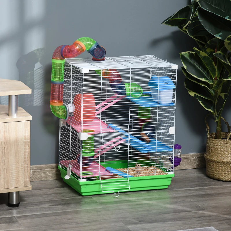 PawHut Cage pour hamster rongeur 4 étages avec tunnels mangeoire roue maison échelles dim. 46L x 30l x 58H cm vert(m-2)