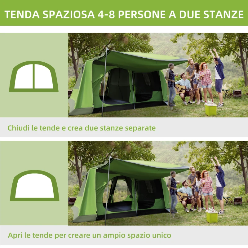 Outsunny Tenda da Campeggio a Tunnel per 4-8 Persone con 2 Stanze, Tenda Campeggio Familiare Impermeabile 3000mm con Porta, Finestre Laterali e Tasche, 405x305x225cm, Verde