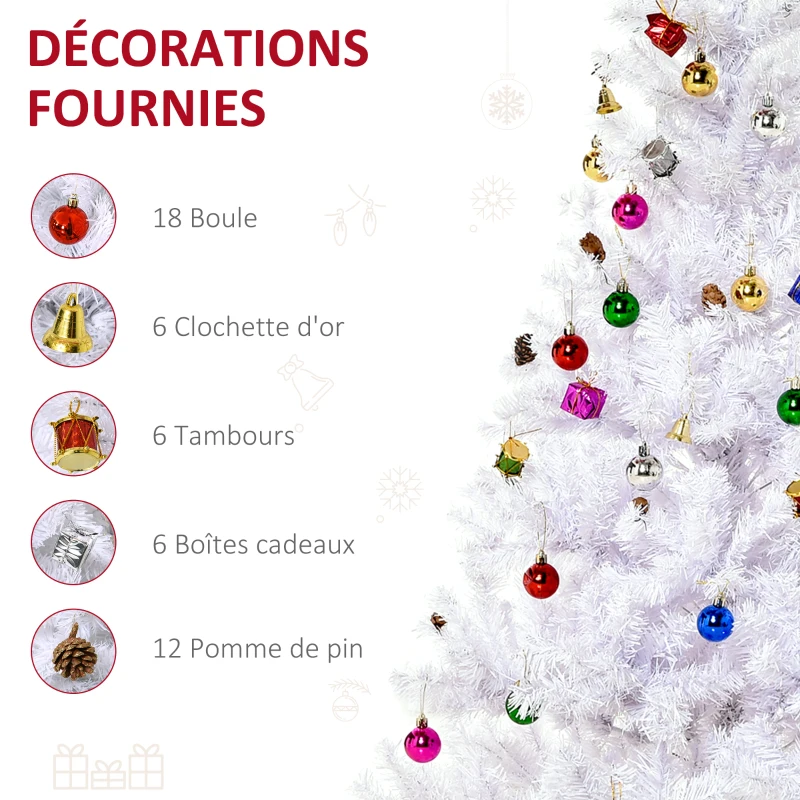 HOMCOM Sapin Arbre de Noël Artificiel Blanc 150 cm 680 Branches avec Nombreux Accessoires variés